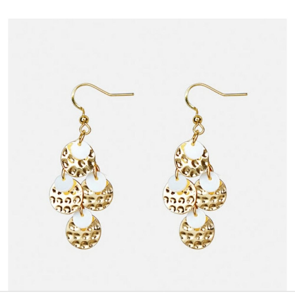 Holiday Gold and white mother of pearl disc chandelier earrings by Avenue, new
